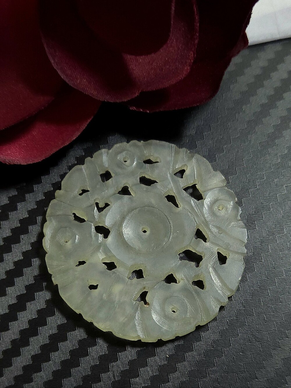 Antique Carved Green Jade Disc Wheel Pendant Moving Center Unpolished Matte Jade